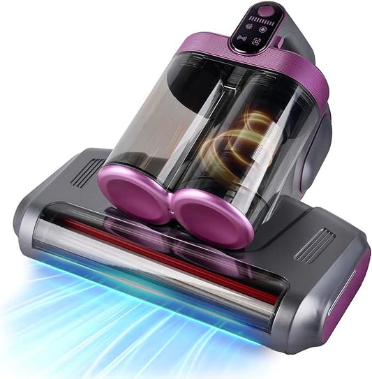 Mattress Vacuum Cordless with 16Kpa Suction & HEPA Dust Cups, 253.7nm UV-C Light & Ultrasonic, Low Noise Widened Suction Port Handheld Vacuum for Bed Pillows Couch Car Seat Rugs, Gray Purple