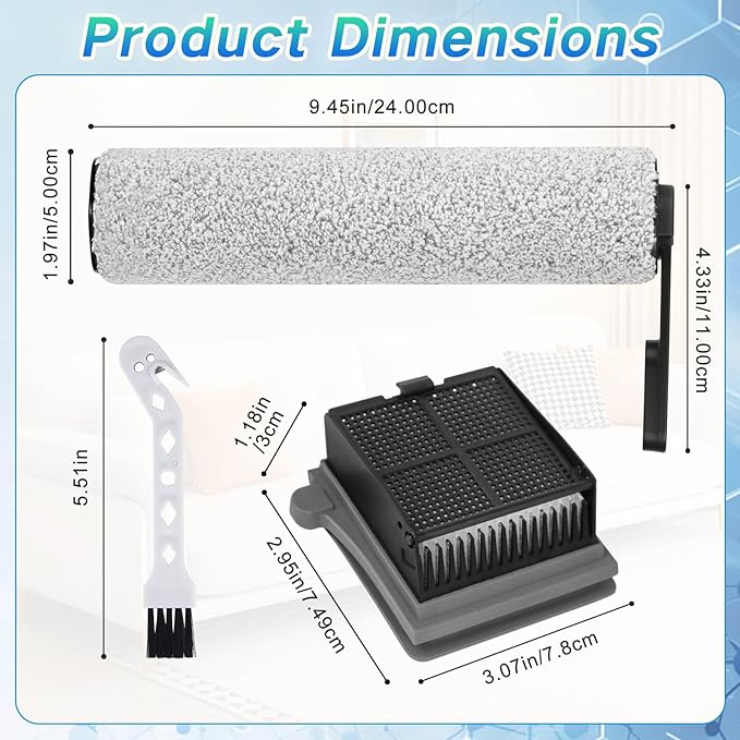 Accessory Set for Tineco iFLOOR 5 Breeze Wet and Dry Vacuum Cleaner Replacement Parts 7 Pieces Accessories 3 Roller Brushes + 3 HEPA Filters + 1 Cleaning Brush