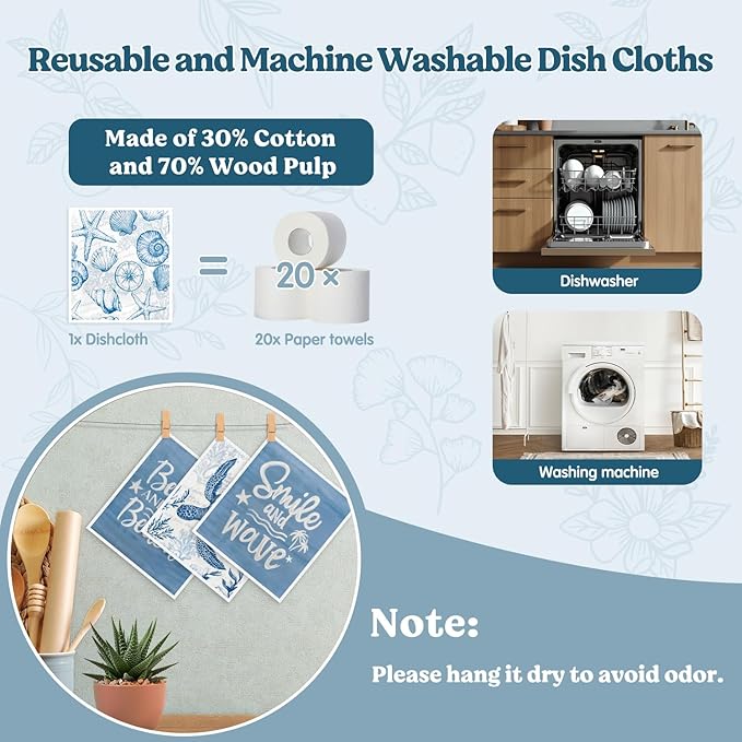 Swedish Dishcloths for Kitchen, Summer Coastal Turtle Beach Decor Kitchen Dish Towels for Washing Dishes, 4 Pack Reusable Paper Towels, Sponge Cloths for Home Cleaning Baking Cooking