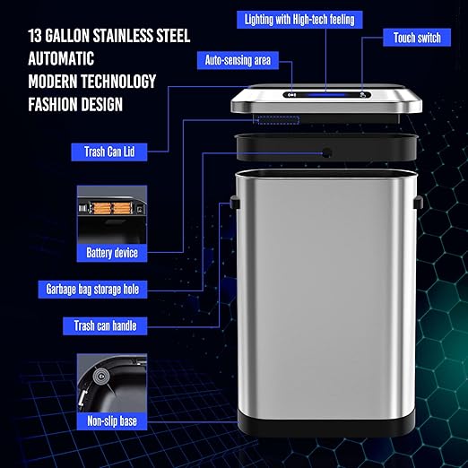 pouseayar 13 Gallon Stainless-Steel Smart Automatic Trash Can with Super Mute Sensor Lid, Silver, 30 Count Garbage Bags