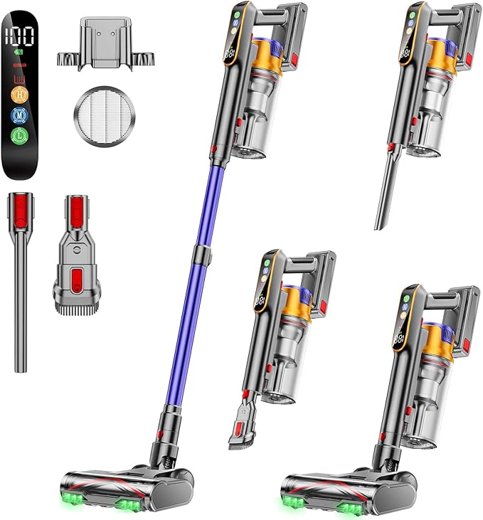 Cordless Vacuum Cleaner, 650W 55KPA 70Mins Vacuum Cleaners for Home, Stick Vacuum with 1.8L Cup, Anti-Tangle, 8-Stage Filter System, Green Light for Pet Hair, Carpet, Floor