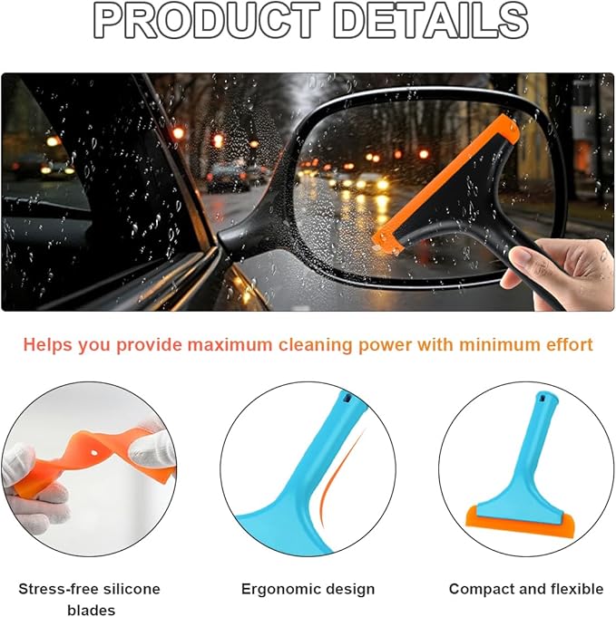 2PCS Small Silicone Window Squeegee, 5.9 Inch Car Windshield Water Blade Squeegee with Non-Slip Handle, All-Purpose Cleaning Squeegee for Car Windshield, Window, Mirror (Black+Blue)