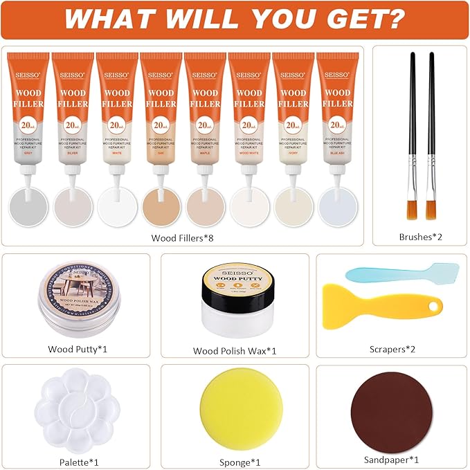 SEISSO Wood Repir Kit, 8 Colors Touch up Fillers, Wood Putty with Wood Polish Wax - Restore Stains, Scratch, Cracks, Hole, Hardwood Furniture Repair Kit for Cabinet, Floor, Door, Table