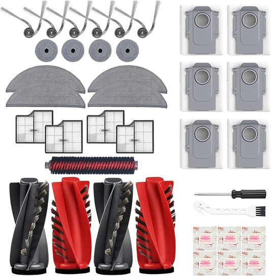 Replacement Kit for Roborock Saros 10 Robot Vacuum/G30 4 Main Brushes, 1 Base Station Brush, 4 Filters, D-Shaped & Round Mop Pads, 6 Side Brushes, 6 Dust Bags,1 Cleaning Brush