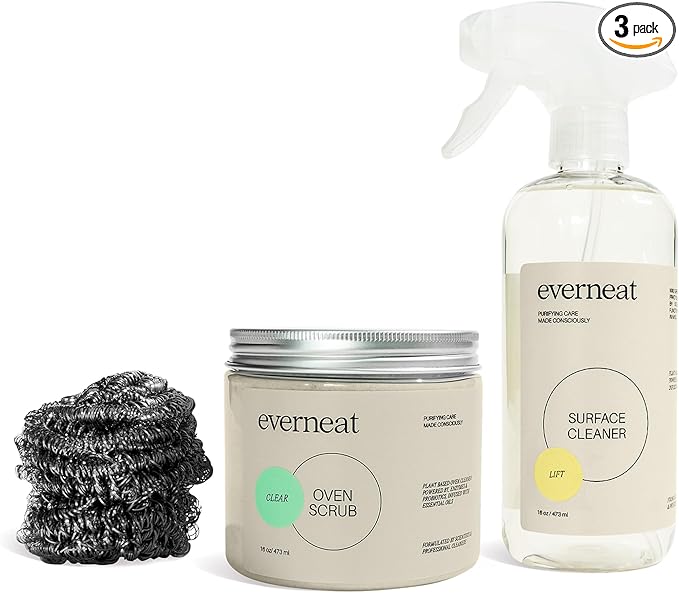 Everneat Oven Cleaning Kit: Natural Oven Cleaner and Kitchen Cleaner | Heavy Duty Oven Cleaner & Oven Rack Cleaner Kit | Fume-free & Safe to Clean All Ovens (Lift) | Refillable Plastic Jar & Bottle