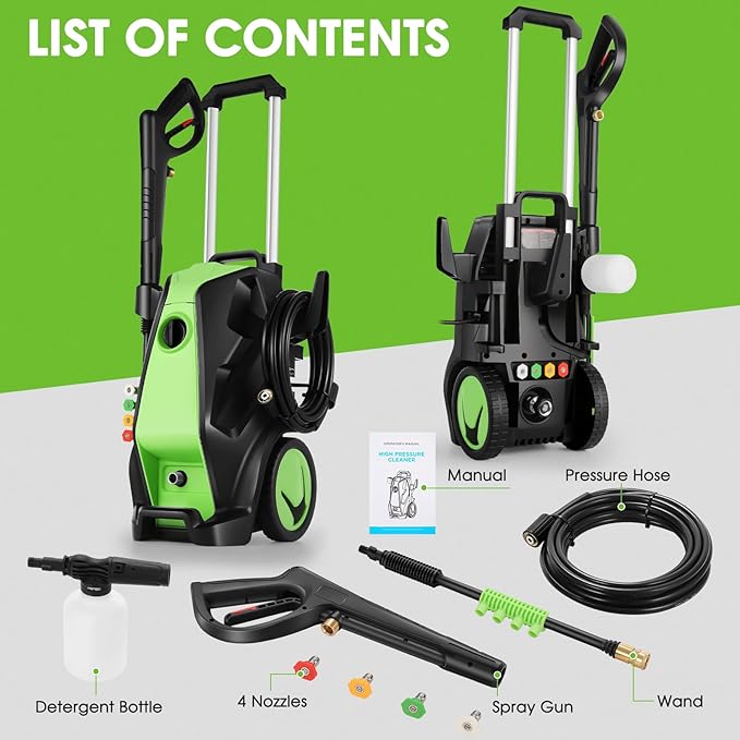 5000PSI 4.0GPM Heavy Duty Electric Pressure Washer with 33 FT Extension Hose, 4 Quick Connect Nozzles and Foam Cannon for Cars/Fences/Driveways/Patios/Home Cleaning, Green