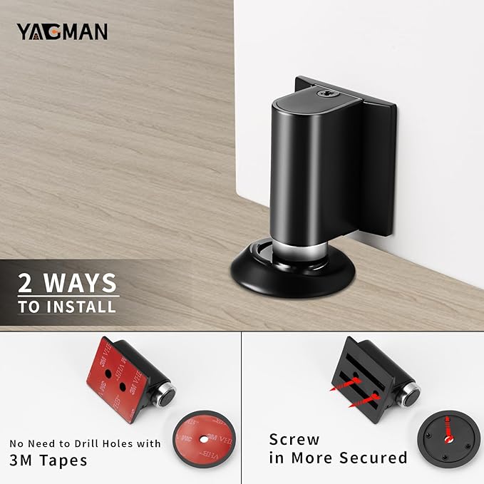 3 Pack Magnetic Door Stopper, Magnet Floor Door Stop Retractable, Door Magnetic Catch, Door Holder to Keep Door Open, No Drilling Mount with Adhesive, Black MB-3