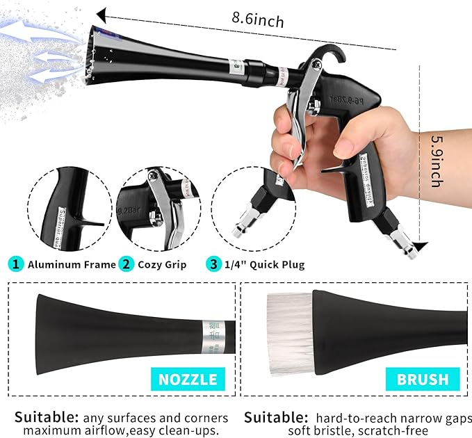 Tornado Dry Cleaning Gun with Brass Adjustable Air Flow Nozzle,Air Blower Gun Quickly Blasts Dirt and Dust from Surface Works with Air Compressor Black