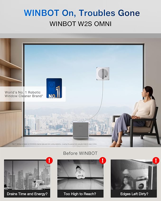 ECOVACS WINBOT W2S Omni Window Cleaning Robot, with 6-in-1 Multifunction Station, TruEdge Edge-to-Edge Precision, Triple Wide-Angle Spray Nozzles, 12-Level Safety System, Dual Power Modes