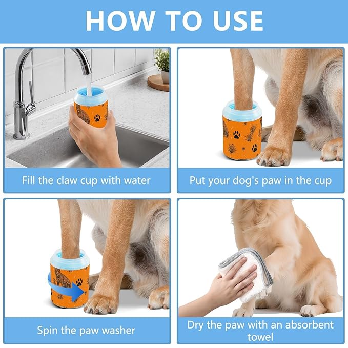 Dog Paw Cleaner Cups for Dogs Pet Foot Washer Paw Scrubber for Small Medium Large Dogs Cats Cleaning Cup Orange Leopards Paw Prints