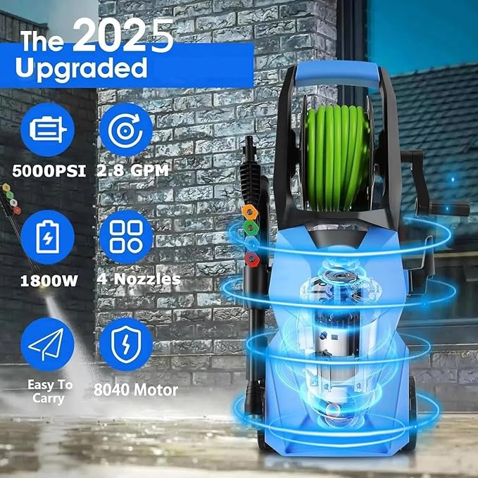 5000PSI Electric Pressure Washer,Power Washer with Foam Cannon,Portable Cleaner with 33ft Hose Reel,4 Nozzle Tips,and Soap Bottle for Cars/Home/Driveways/Patios/Decks/Fences
