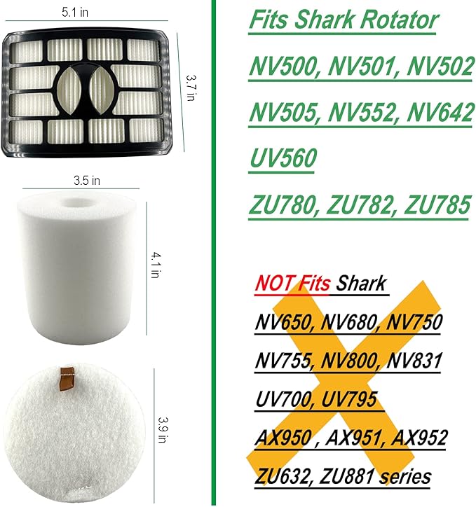 Dttery 2 Foam & Felt Kit, 1 Hepa Filter for Shark Rotator Professional Lift-away Upright Vacuum NV500 NV501 NV502 NV505 NV552 NV642 UV560 ZU780 ZU782 ZU785 Replacement Part XHF500 XFF500