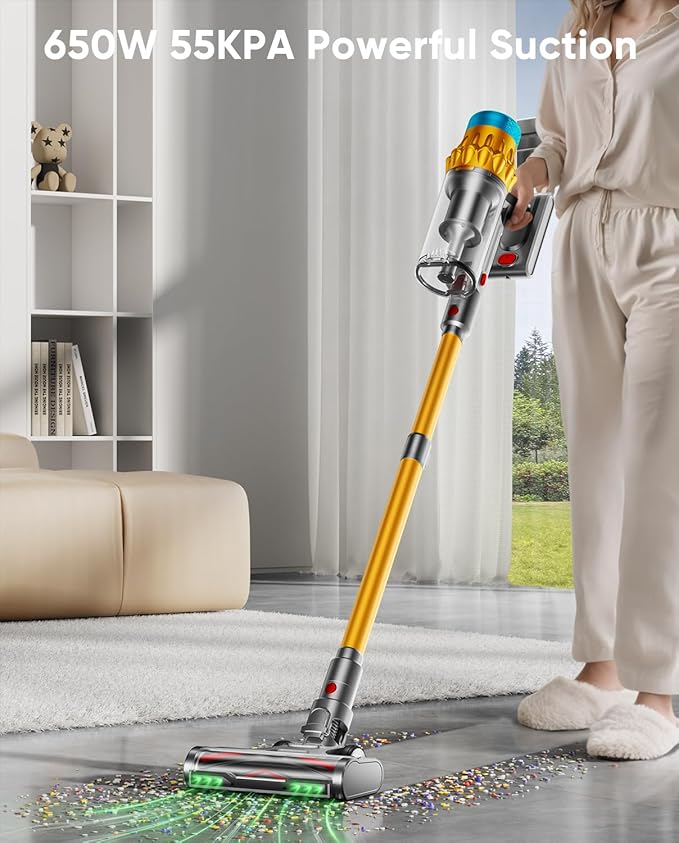 Cordless Vacuum Cleaner, 650W/55KPA/70 Mins Vacuum Cleaners for Home with Self-Standing, Anti-Tangle Brush, Smart Display and 1.8L Cup Cordless Stick Vacuum Cleaner for Pet Hair/Carpets