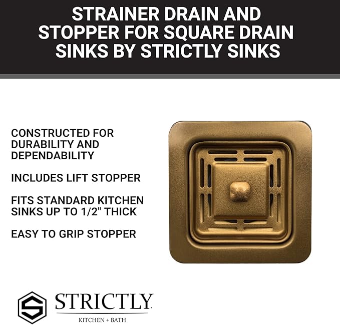 Strictly Sinks Stainless Steel Sink Strainer for Kitchen Sink - Stain Resistant Kitchen Sink Strainer with Large Collection Basket,Sink Drain Strainer for All Square Drain Sinks (Gold)