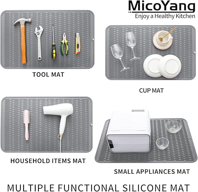 Silicone Dish Drying Mat for Multiple Usage,Easy clean,Eco-friendly,Heat-resistant Silicone Mat for Kitchen Counter or Sink,Refrigerator or Drawer Liner Grey 3XL 28 inches x 18 inches