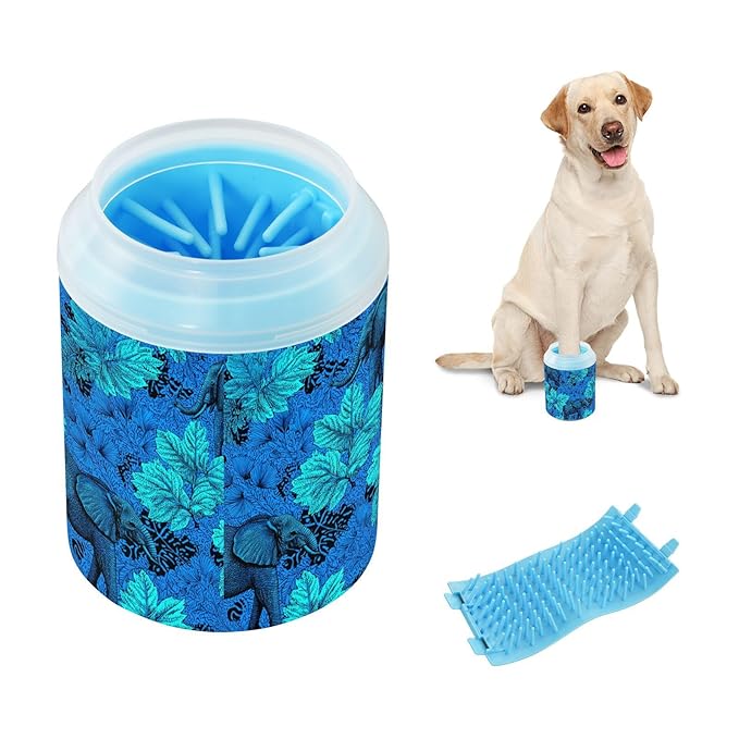Dog Paw Cleaner Cups for Dogs Pet Foot Washer Paw Scrubber for Medium Small Large Dogs Cats Cleaning Cup Blue Elephants Large Leaves