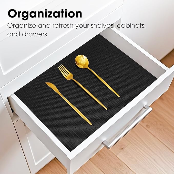 Drawer and Shelf Liner, Non-Slip Kitchen Cabinet Liners Non-Adhesive Thick Strong Grip Waterproof Washable Mats Protect Dresser Shelves Cupboard Bathroom Cabinets, Black, 18 in X 30 FT