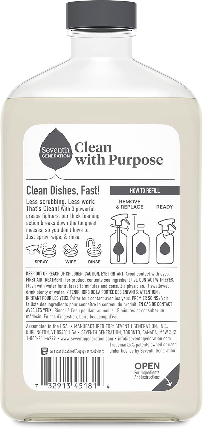 Seventh Generation Foaming Dish Spray, 3 Refills and 1 Sprayhead, 16 Fl Oz, (Pack of 6)