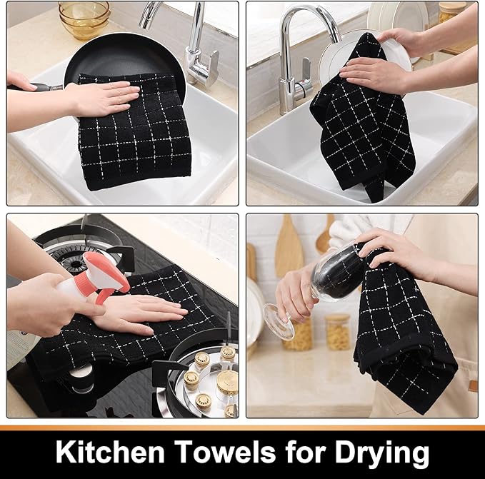 Mordimy 100% Cotton Terry Cloth Kitchen Towels, Super Soft and Absorbent Dish Towels for Drying, Checkered Designed Hand Towels for Kitchen, 16 x 26 Inches, 4 Pack, Black