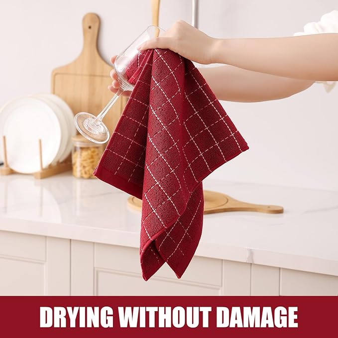 Homaxy 100% Cotton Terry Kitchen Towels(Brick Red, 13 x 28 inches), Checkered Designed, Soft and Super Absorbent Dish Towels, 8 Pack