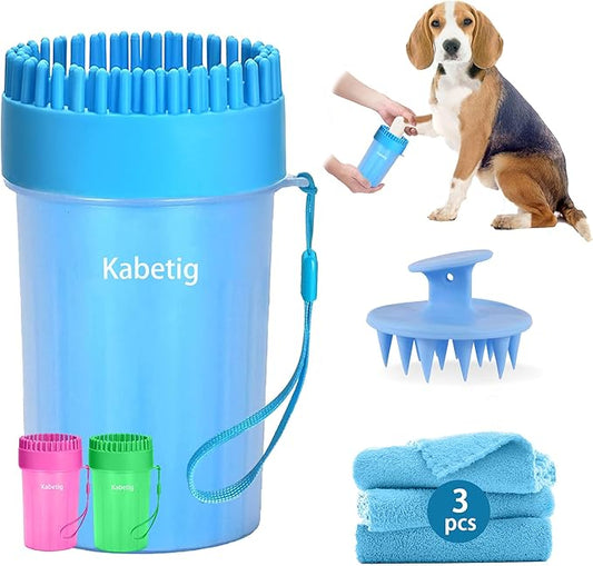 Quick Clean Dog Paw Cleaner 5-in-1 Kit, Blue (Medium) - No Full Bath Needed, Post-Walk Paw Clean - with Silicone Bath Brush, 3 Microfiber Towels - Fits Corgi 1.2-2.5 In (3.05-6.35 cm)