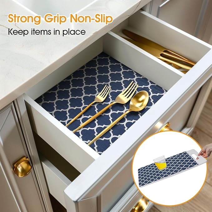 Shelf and Drawer Liner for Kitchen Cabinets Non-Adhesive, Strong Grip Non-Slip Thickened Cabinet Liners for Shelves, Waterproof Mats for Dresser Cupboard, Blue, 17 in x 10 Feet