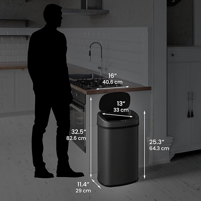 iTouchless 13 Gallon Oval Sensor Trash Can with Odor Filter, Automatic Motion Sensor Kitchen Bin, Slim Curved Soft-Close Matte Black Stainless Steel, Fingerprint-Proof Modern Decor