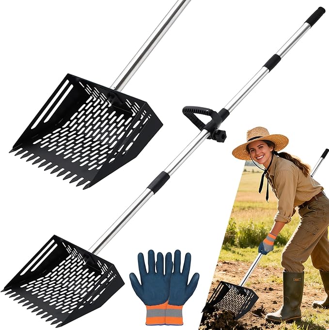 2-in-1 Chicken Poop Scooper & Rake, 10 Inch Coop Sand Sifting Shovel with 37" to 65" Adjustable Stainless Steel Handle, Litter Cleaning Tools with Gloves for Chicken Coop Farm Animals (Black)