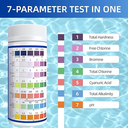 7 in 1 Accurate Pool & Spa Test Strips, 150-Count Hot Tub Test Strips | Lab Recommended | Water Chemical Testing Kit for Bromine, Chlorine, pH, Hardness, More, Fast & Easy Test Way