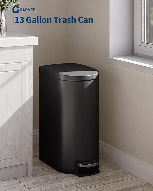 Garvee 13 gal / 50 L Metal Kitchen Trash Can with Lid, Slim Rustproof Garbage Can, Large Step-on Trash Bin with Inner Bucket, Rear Handle, Soft Close Lid, Black