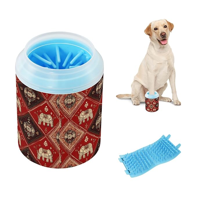 Dog Paw Cleaner Cups for Dogs Pets Foot Washer Paw Scrubber for Medium Small Cats Dogs Cute Cleaning Cup Elephants Red Retro