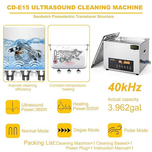 15L Ultrasonic Cleaner Dual-Frequency Professional Digital Stainless Steel Cleaning Machine with Heater Timer for Carburetor, Parts, Circuit Board, Glasses, Denture, Jewelry