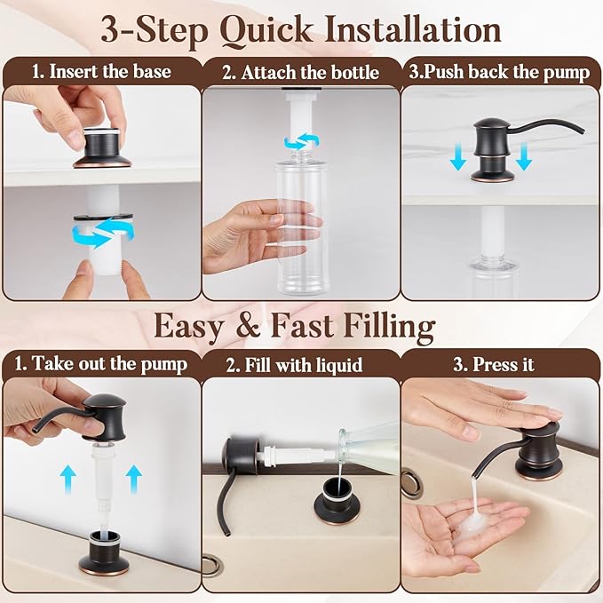 Built in Soap Dispenser for Kitchen Sink Countertop, Solid Brass Pump Head Long Spout with 10.2 Ounce PET Food Safe Material Lotion Bottle, Oil Rubber Bronze Finish