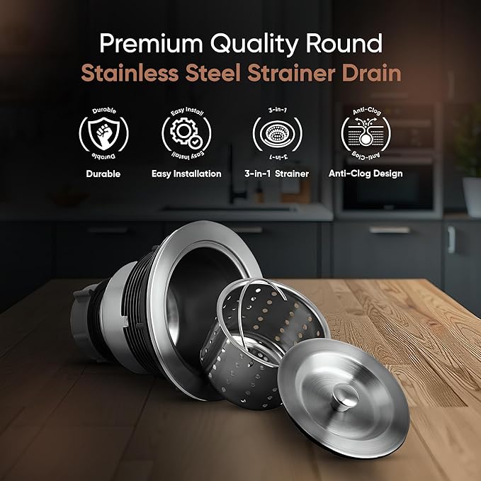 Strictly Sinks Sink Drain Strainer with Removable Basket - 3-1/2 Inch Stainless Steel Round Kitchen Sink Drain Assembly Kit with Deep Strainer Basket & Stopper (Silver)
