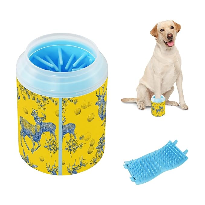 Dog Paw Cleaner Cups for Dogs Pet Foot Washer Paw Scrubber for Medium Small Large Dogs Cats Cleaning Cup Yellow Deer Flowers Round Fruits