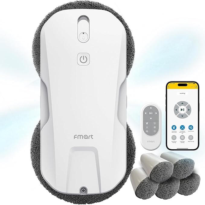 FMART T11 Window Cleaning Robot, Auto 4-Way Water Spray, 5300Pa Strong Suction, High-Speed Cleaning, <60dB Ultra-Quiet, 60mm Slim Window Robot, Smart Navigation, Anti-Drop & 50min UPS Protection