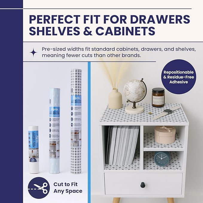 Self Adhesive Shelf Liner (2-Pack, 23.75in x 6ft) — Absorbent Felt Cabinet Liner for Shelves & Kitchen Drawers, Soft Glide Surface with Adjustable, Residue-Free Adhesive (Midnight Grid)