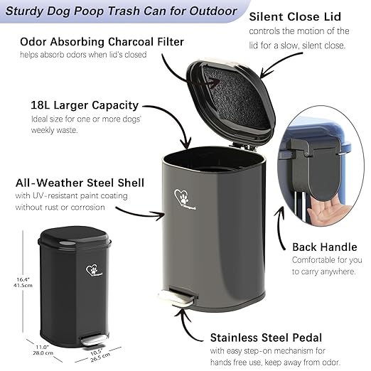 Dog Poop Trash Can, 18L/4.76 Gal Stainless Steel Kitchen Garbage Can, Recycling or Waste Bin, Soft Close, Step-On Pedal, Removable Inner Bucket & Free Waste Bags (Trash Can for Outdoors)