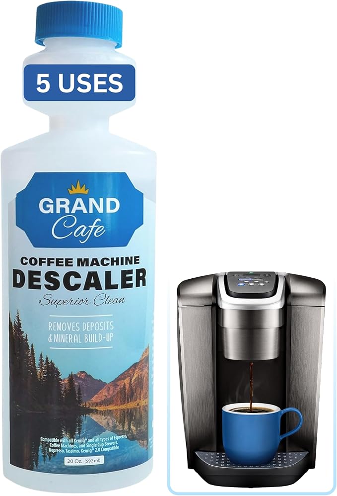 Grand Cafe Universal Descaling Solution - Coffee Maker Descaler and Cleaner for Keurig, Nespresso, DeLonghi & Single-Serve Espresso Machines - Perfect Measure Bottle (20 oz, 5 uses per bottle)
