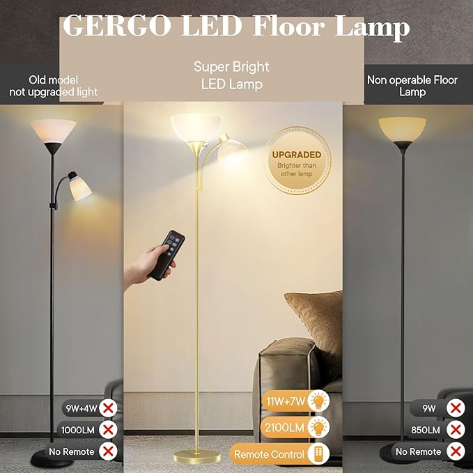 GERGO Led Floor Lamp, Super Bright 11W+7W 2100LM Torchiere Floor Lamps for Living Room, Stepless Adjustable 4 Color Temperatures 3000K-6000K with Remote Control for Bedroom(Golden)