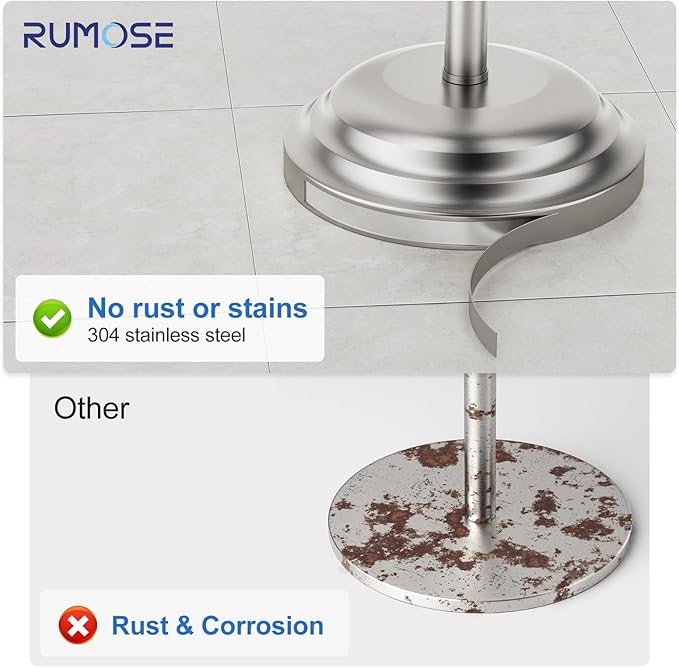 RUMOSE Toilet Paper Holder Stand for Floor, Brushed Nickel Bathroom Free Standing Toilet Tissue Roll Holder with Storage, Adjustable 17-25 Inch, SUS304 Stainless Steel
