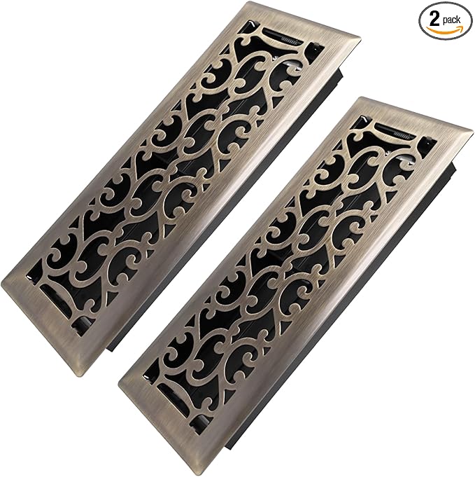 4x12 Inches 2 Pack Heavy Duty Walkable Floor Register - Easy Adjust Air Supply Lever Decorative Floor Vent Covers - Savannah Design Vent Covers for Home - Antique Brass