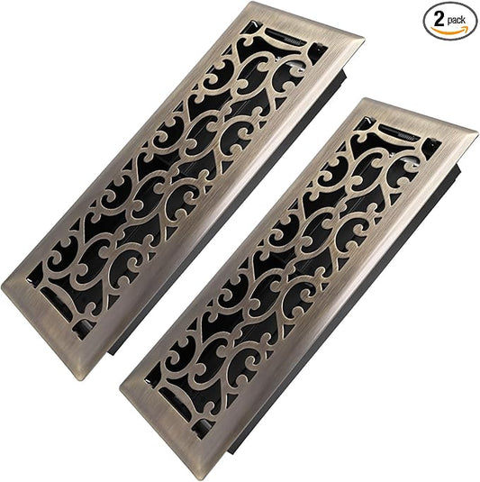 4x12 Inches 2 Pack Heavy Duty Walkable Floor Register - Easy Adjust Air Supply Lever Decorative Floor Vent Covers - Savannah Design Vent Covers for Home - Antique Brass