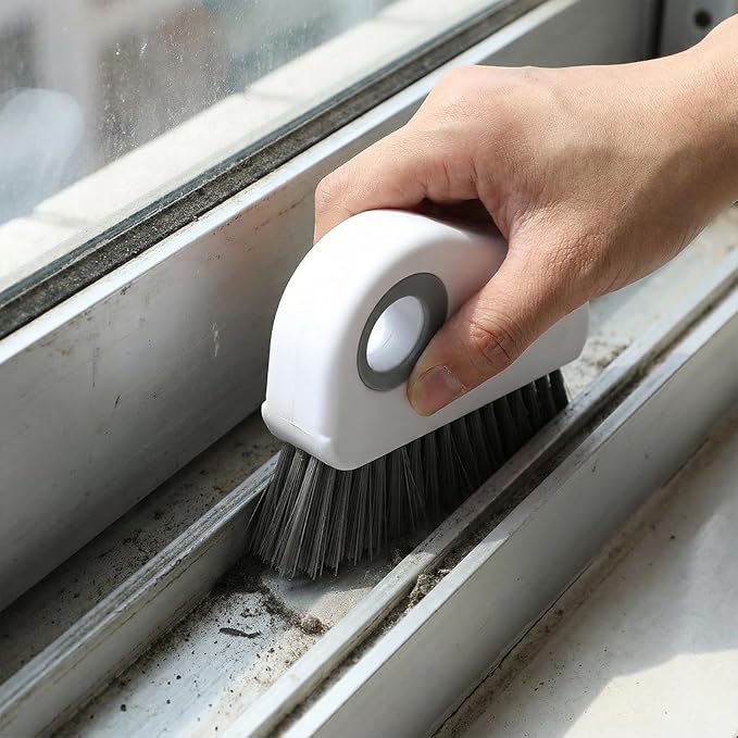 2 PCS Groove Cleaning Brush 2 in 1 Window Track Cleaning Tool Crevice Cleanings Brush Multifunction Hard Bristle with Hidden Scraper Grout Cleaner Grip Brushes for Slid Door Track Window Sill