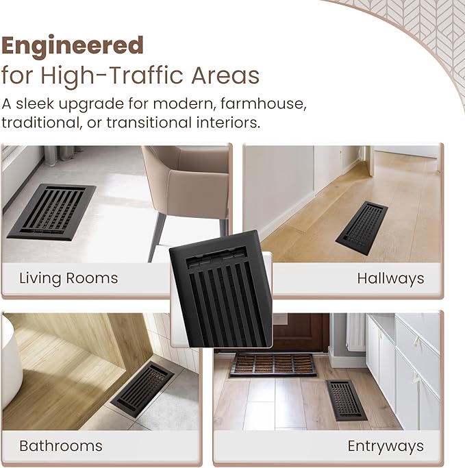 Floor Register 4x10 Vent Cover – Heavy-Duty Steel, Rustproof & Walkable Grates, Easy Drop-in Install, Adjustable Air Supply Switch - Decorative Straight Line Design, Textured Black