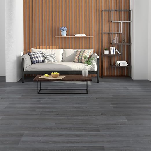 Freshtour Vinyl Flooring Roll, Versatile Removable PET Leather-Like Floor Covering, Waterproof & Durable, Easy Tape Installation, Cost-Effective for Any Room, Dark Grey Oak/ 53.82 Sq.ft (39.3" x 197")