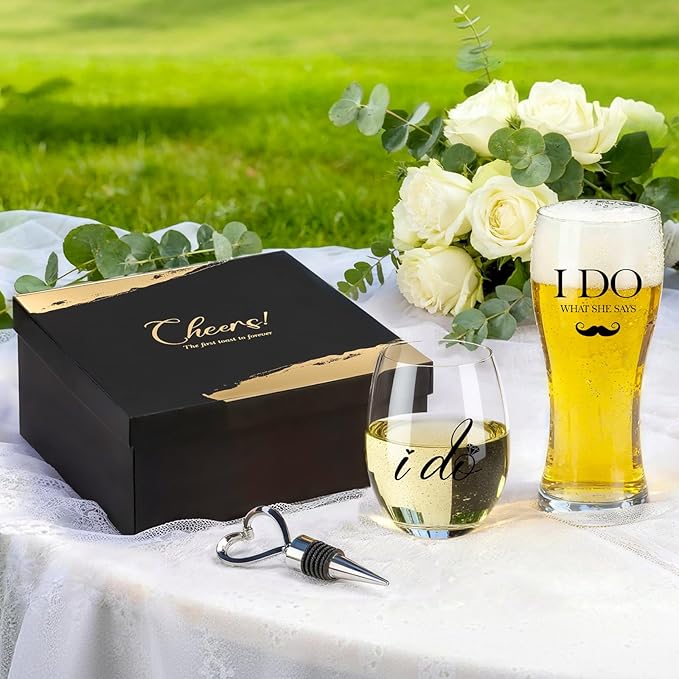 AW BRIDAL Wedding Gifts for Couples 2026, Mr and Mrs Wine Glasses and Beer Mug Set, Engagement Gift for the Couple, Bride and Groom Wedding Glasses with Wine Stopper, Bridal Shower Gifts for Bride