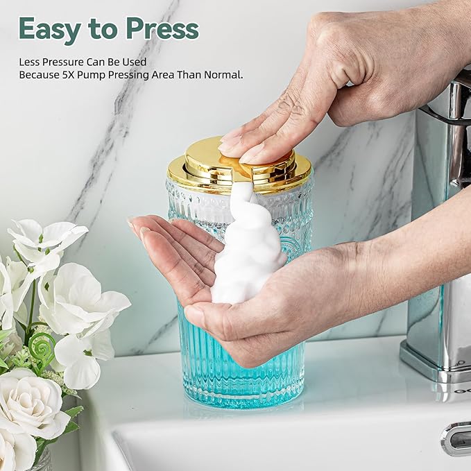 Glass Foaming Soap Dispenser - Foaming Hand Soap Dispenser for Bathroom & Kitchen, 10 OZ Transparent Foam Hand Wash Dispenser, Refillable Dish Dispenser Golden Pump