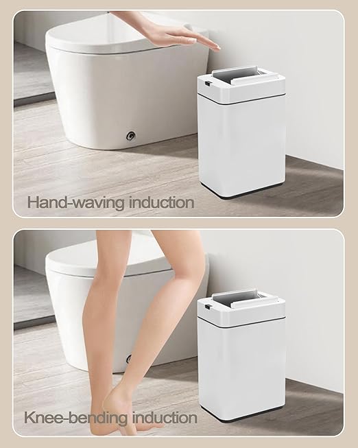 ELPHECO Bathroom Trash Can with Lid 2.6 Gallon Smart Trash Can Slim Motion Sensor Garbage Can Automatic Stainless Steel Wastebasket Bathroom Decor for Bedroom Office Toilet White
