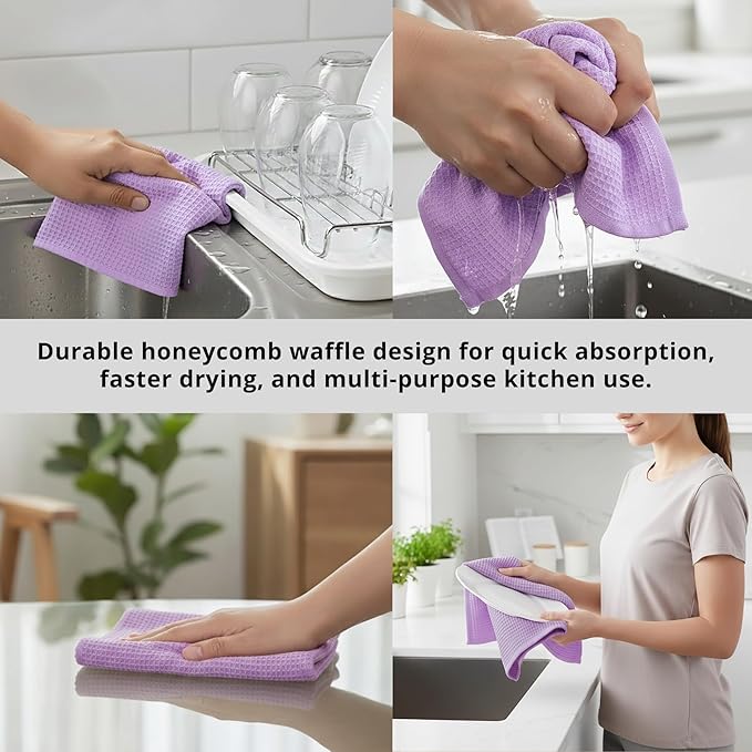 PurpleEssences Waffle Weave Kitchen Towel, 100% Cotton - 15x25 Inches, with Hanging Loop Ultra Soft Absorbent Quick Drying Dish Cloth, Tea and Hand Towels, 6 Pack - Christmas Holiday Winter - Lavender